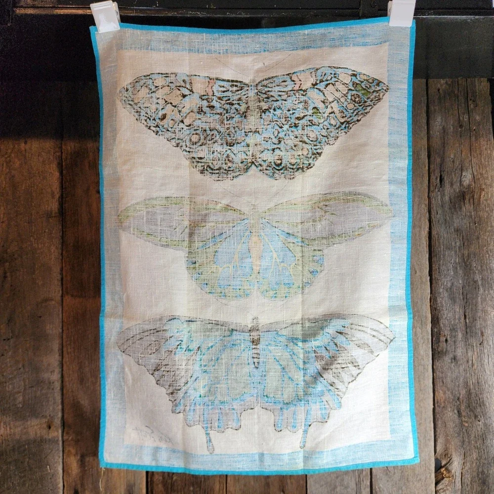 Ken Scott Vintage Linen Butterfly Print Turquoise Rare